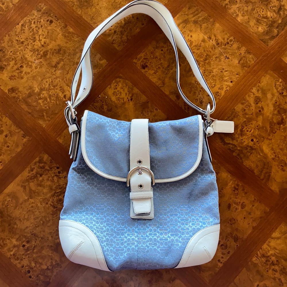 Blue and white coach purse
